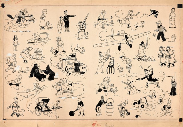 Pages de gardes pour les albums des aventures de Tintin, 1937, par Hergé. ©  Hergé Moulinsart 2014