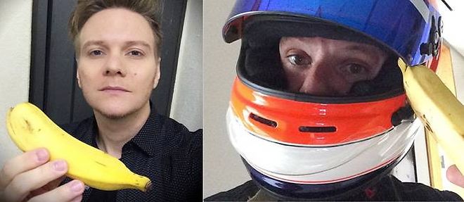 Le chanteur Michel Telo et le pilote de F1 Rubens Barrichello font "une banane".