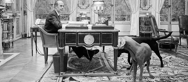 VGE avec ses deux chiens dans son bureau de l'Elysee le 23 octobre 1974. Le jeune - 48 ans - entend depoussierer l'image presidentielle