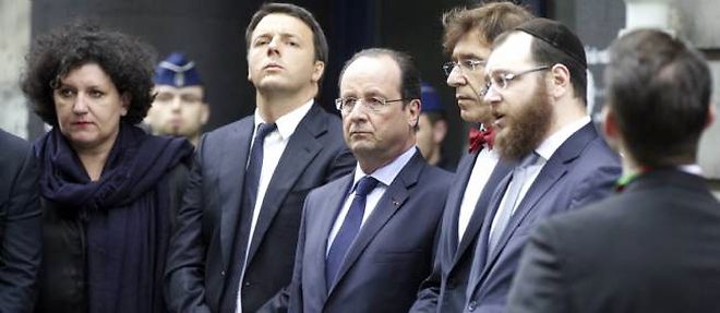 Francois Hollande s'etait rendu a Bruxelles pour rendre hommage aux victimes de la tuerie du Musee juif. Ici avec la ministre de la Justice Annemie Turtelboom, le Premier ministre italien Matteo Renzi et le Premier ministre belge Elio Di Rupo.