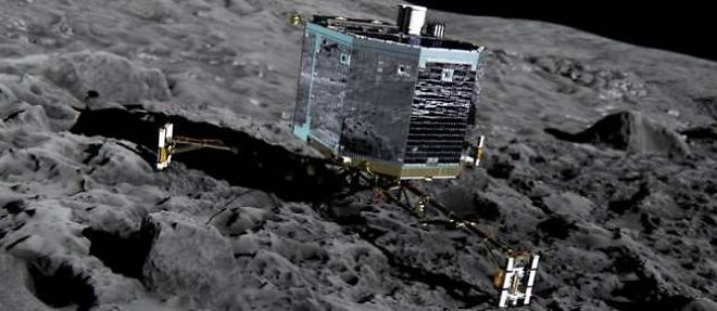 Representation artistique de l'atterrisseur Philae arrime a la comete "Churi".