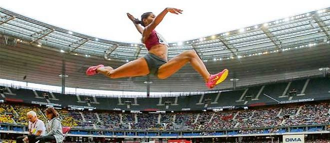 La championne du monde de saut en longueur (6,85m) Eloyse Lesueur au meeting Areva, a Paris le 5 juillet.