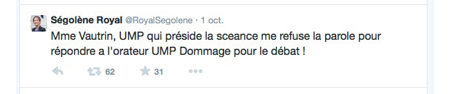 Le tweet de Ségolène Royal en plein débat sur la loi sur la transition énergétique ©  Twitter