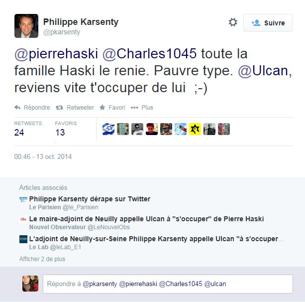 Philippe Karsenty s'en prend à Pierre Haski sur Twitter ©  DR / Capture d'écran Twitter @pkarsenty