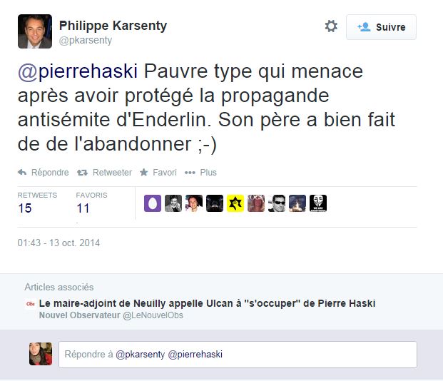 Philippe Karsenty s'en prend à la famille Pierre Haski sur Twitter ©  DR / Capture d'écran Twitter @pkarsenty
