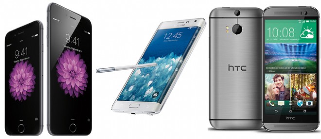 Le Samnsung Galaxy Note 4, le HTC One M8 et l'iPhone 6 d'Apple.