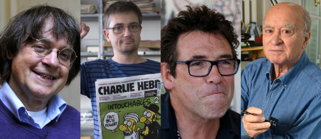 Les dessinateurs (de gauche a droite) Cabu (76 ans), Charb (47 ans), Tignous (57 ans) et Wolinski (80 ans), tous decedes dans la fusillade de "Charlie Hebdo".