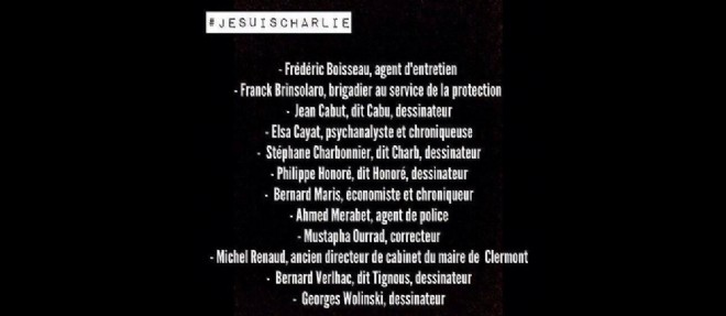 La liste des douze morts dans l'attentat contre "Charlie Hebdo".