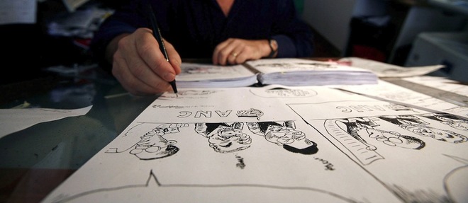 Vue de la planche du caricaturiste sud-africain Zapiro, lui-meme menace de mort un moment pour ses dessins.