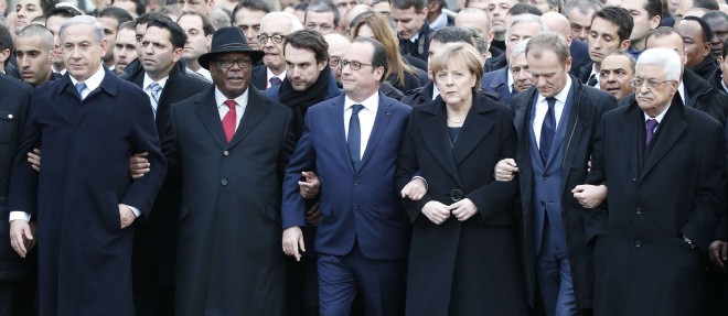 L'inedit cortege parisien a reuni, entre autres, Benyamin Netanyahou et Mahmoud Abbas autour de Francois Hollande.