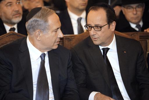 Benjamin Netanyahu et François Hollande le 11 janvier à la grande synagogue de Paris © Matthieu Alexandre Pool/AFP