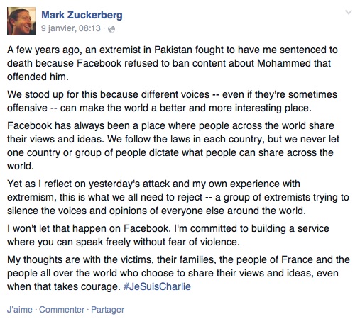 Le post de Mark Zuckerberg  
