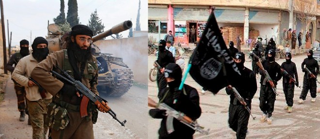 Pres d'Alep, des combattants de Jabbat al-Nusra (branche d'al-Qaida) et des militants de l'Etat islamique a Raqqa, en Syrie.
