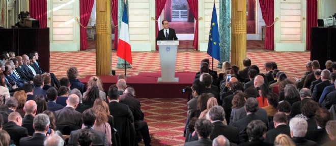 Francois Hollande, durant la conference de presse du 5 fevrier.