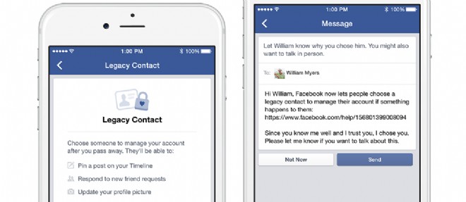 Facebook propose de choisir un contact de confiance qui gerera une partie du profil en cas de deces.
