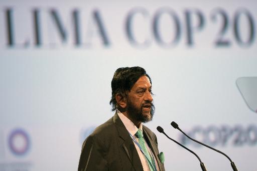 L'Indien Rajendra Pachauri lors d'une conference sur le changement climatique a Lima le 11 decembre 2014