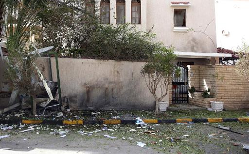 Aspect de la residence a Tripoli de l'ambassadeur iranien en Libye, apres l'attentat du 22 fevrier 2015