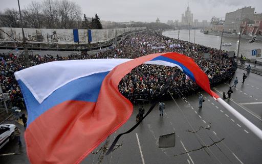 La marche en hommage a l'opposant russe Boris Nemtsov, le 1er mars 2015 dans le centre de Moscou