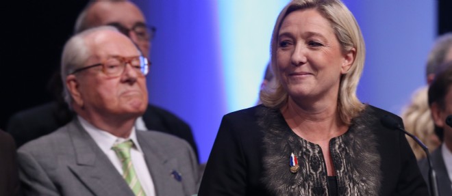 Marine Le Pen et son pere, en 2014.