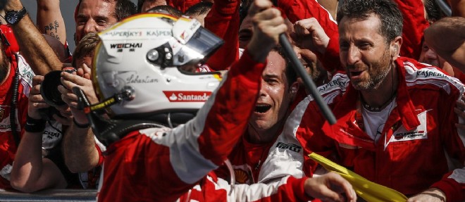 La joie chez Ferrari apres la victoire de Sebastian Vettel au GP de Malaisie.
