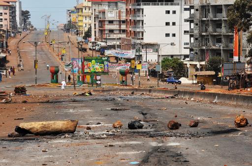 Des barricades erigees pendant les manifestations antigouvernementales le 14 avril 2015 dans une banlieue de Conakry