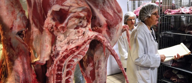 Des employes de la Direction departementale de la cohesion sociale et de la protection des populations verifient la provenance de la viande d'un supermarche de Besancon (photo d'illustration).