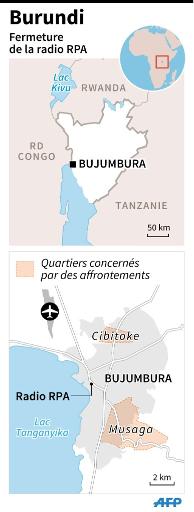 Carte du Burundi, localisation de la capitale Bujumbura et de ses quartiers concernés par des affrontements entre police et manifestants, et du siège de la radio RPA, fermée par le gouvernement © I. de Véricourt/R. Gremmel AFP