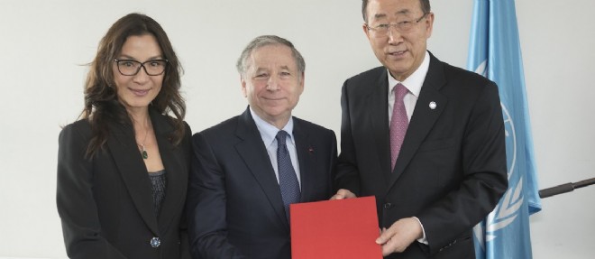 Jean Todt, president de la FIA, entoure par Ban Ki-Moon, le secretaire general de l'ONU, et sa compagne, Michelle Yeoh.