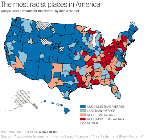 La carte du racisme aux États-Unis selon Google © "Association between an Internet-Based Measure of Area Racism and Black Mortality" Washingtonpost/Wonkblog