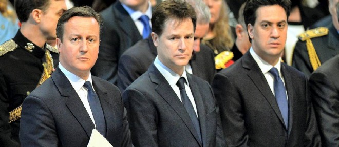 Le Premier ministre David Cameron, le centriste Nick Clegg, et le chef du Labour Ed Miliband.