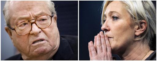 Montage fait le 10 avril 2015 montrant des photos d'archives de Jean-Marie Le Pen, le 17 janvier 2015, et Marine Le Pen, le 16 janvier 2011