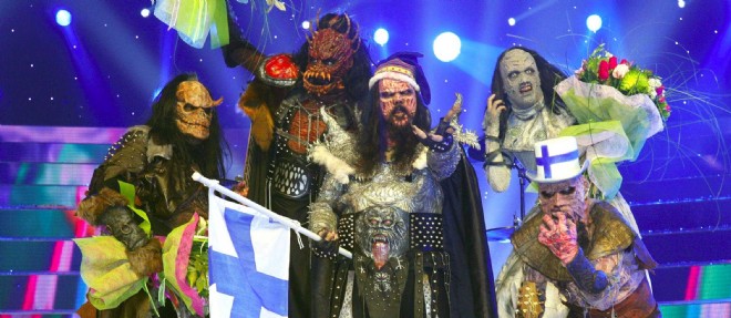 Le groupe finlandais Lordi, victorieux de l'Eurovision en 2006, en Grece.