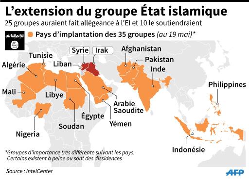 L'extension du groupe Etat islamique © L.Saubadu/A.Bommenel, abm/tsc/vl AFP