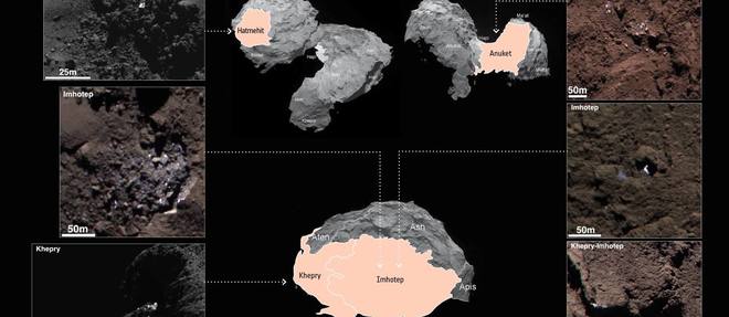Voici quelques-unes des plaques de glace d'eau reperees a la surface de la comete Tchouri.