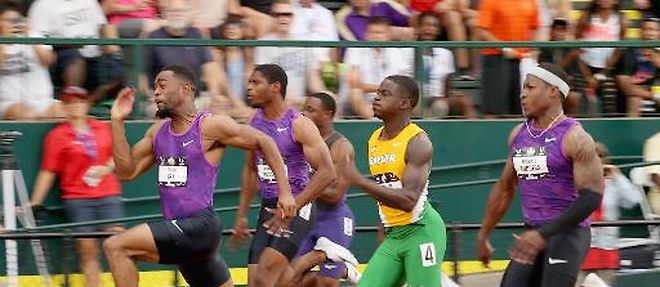 Le sprinteur vedette Tyson Gay domine le 100 m des Championntas des Etats-Unis a Eugene, dans l'Oregon, le 26 juin 2015