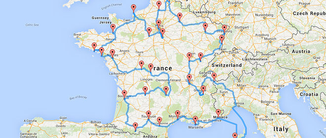 L'itineraire ideal propose par BuzzFeed France et Randy Olson fait 5 365 km de long a travers les grandes villes de France et les tresors de ses regions.