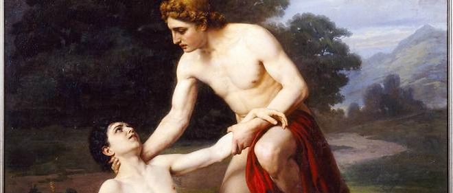 Apollon et Hyacinthe. Le dieu grec se penche sur le jeune homme, blesse a la tempe durant l'entrainement au lancer de disque. Peinture d'Alexander Alexeyevich Kiselev, huile sur toile, 1884.