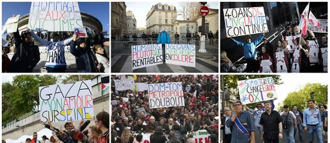 Photos montrant Jean-Baptiste Redde, alias Voltuan, et ses fameuses pancartes, prises au cours de differentes manifestations a Paris entre 2009 et 2015