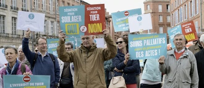 Des militants anti-euthanasie manifestent a l'appel du collectif 'Soulager mais pas tuer', devant la prefecture de Toulouse, le 3 octobre 2015