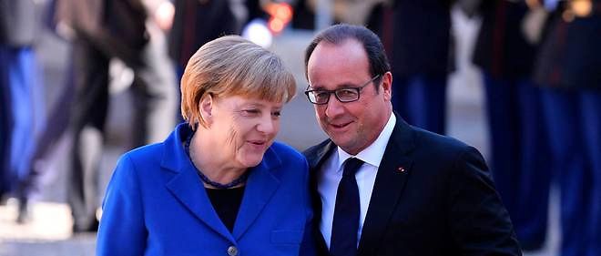Francois Hollande et Angela Merkel, qui ont pris le parti d'incarner une Europe de la "solidarite" dans la crise des refugies, s'adressent ensemble au Parlement europeen a Strasbourg.
 
