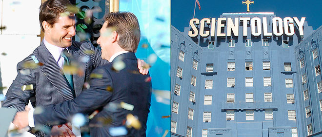  
Tom Cruise et David Miscavige, patron de la scientologie, lors de l'inauguration d'une eglise a Madrid, en Espagne, le 18 septembre 2004. A droite, le batiment de Sunset Boulevard, a Los Angeles, et ses 6 000 metres carres.
 