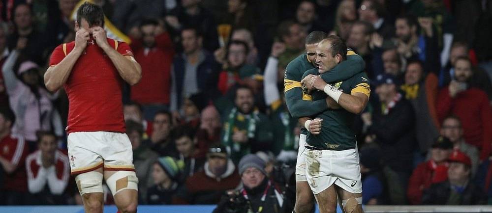 La joie de Du Preez, le capitaine sud-africain, qui permet aux Springboks de se hisser en demi-finale apres cette victoire contre le Pays de Galles.