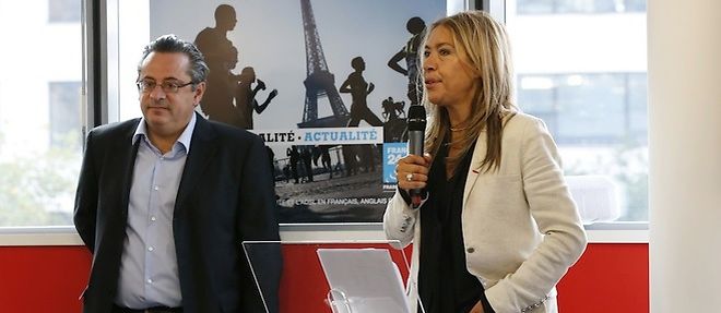 La presidente de France Media Monde Marie, Christine Saragosse, le directeur general de France 24, Marc Saikali, lors du lancement de la chaine France 24 sur la TNT le 23 septembre 2014.