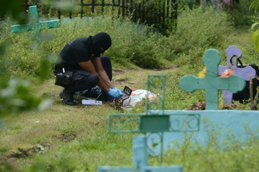 Un fonctionnaire enregistre les epreintes digitales d'un empoyé de cimetière tué par des membres du gang Mara Salvatrucha, à San Juan Opico, à 35 km à l'ouest de San Salvador, le 29 septembre 2015 © Marvin Recinos AFP/Archives