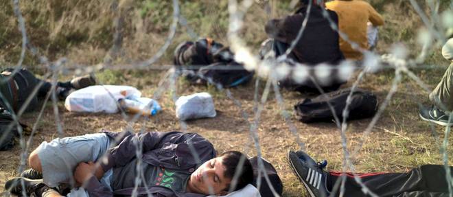 Un refugie afghan dort a cote de la frontiere de fils barbeles desormais dressee entre la Hongrie et la Serbie.