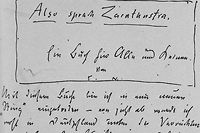 Friedrich Nietzsche annonce le titre de son nouvel opus, Ainsi parlait Zarathoustra (Also sprach Zarathoustra), dans une lettre à Heinrich Köselitz (1er février 1883). Facsimilé extrait de C. P. Janz, Friedrich Nietzsche. Biographie, vol. 3, München 1981, 