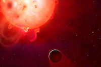 Représentation artistique de l'exoplanète Kepler 438b orbitant autour de sa capricieuse étoile.