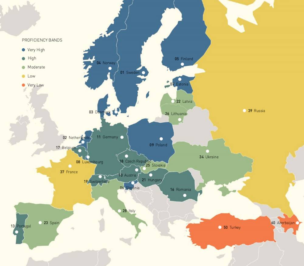 La carte de l'Europe des bons élèves en anglais. ©  Education First