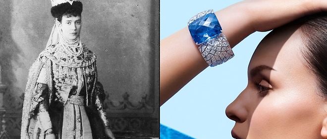 A gauche : en 1860, la tsarine Maria Feodorovna, qui rendit mythique le saphir Romanov.A droite : la derniere version du fabuleux joyau : le bracelet Romanov, platine, un saphir de Ceylan coussin taille rose de 197,80 carats, deux diamants pour 2,50 carats, diamants taille brillant. 