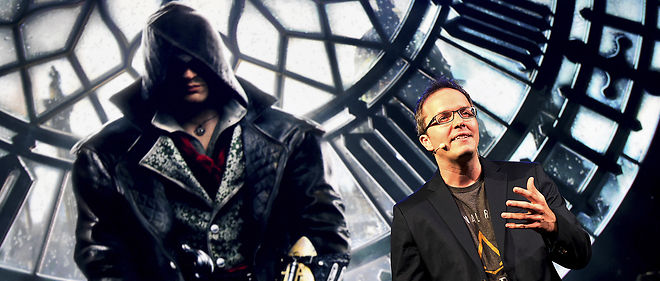 L'annonce par Marc-Alexis Cote, directeur creatif a Ubisfot Quebec, de la nouvelle version du jeu "Assassin's Creed Syndicate", lors de l'ouverture du salon E3, a Los Angeles, en juin 2015. Image d'illustration .